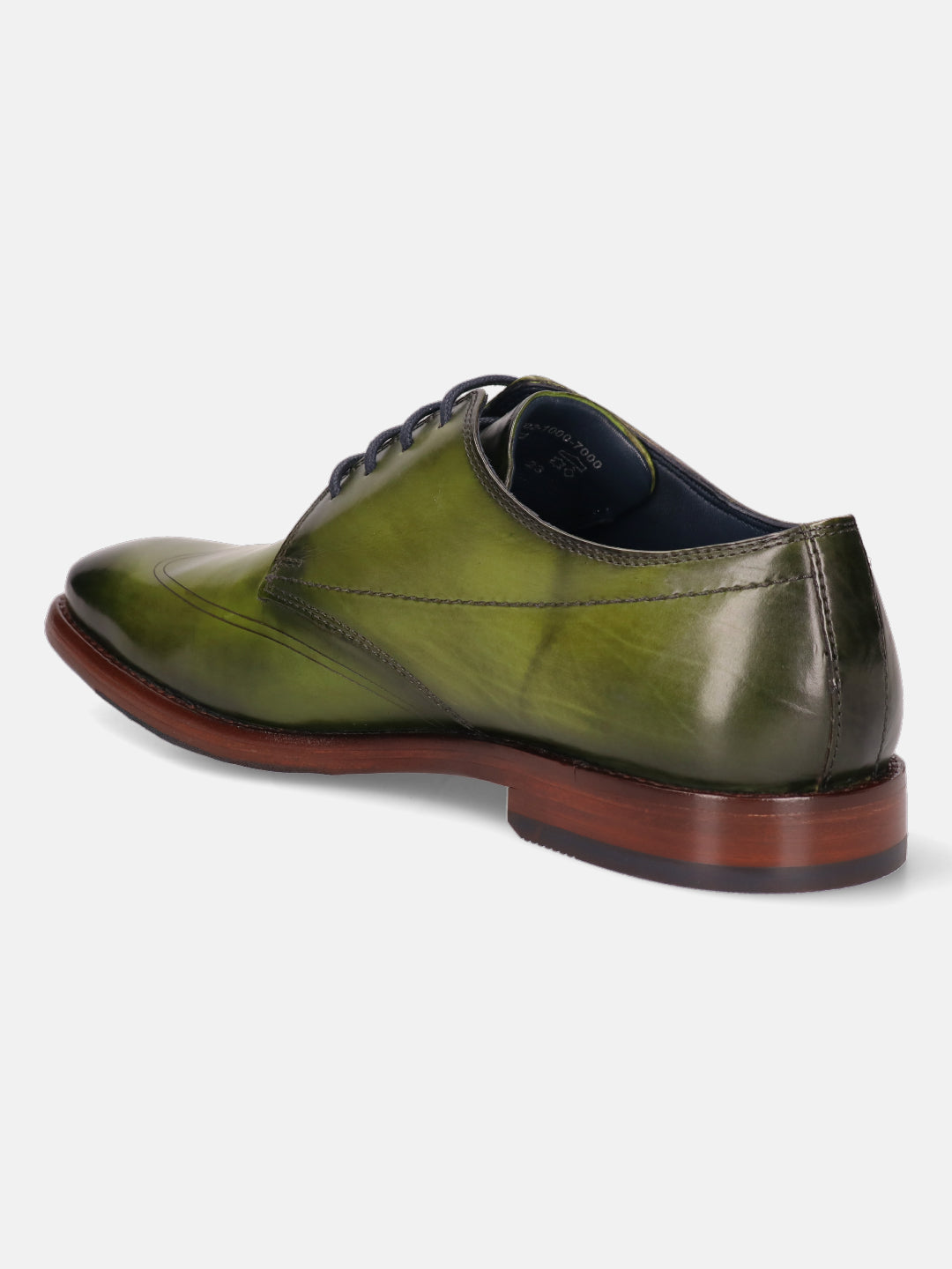 Green leather dress shoe by bugatti, featuring subtle antiqued detailing and a stacked heel.