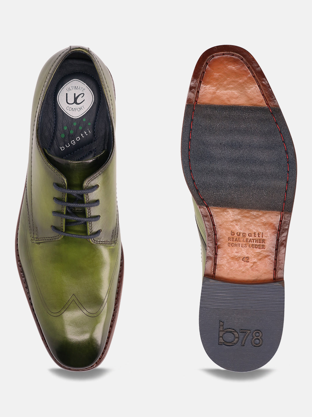 Green leather formal Derby shoes by Bugatti, showing the comfort insole and patterned outsole.