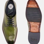 Green leather formal Derby shoes by Bugatti, showing the comfort insole and patterned outsole.