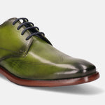 Green leather derby formal shoe by bugatti with dark laces and brown soles.
