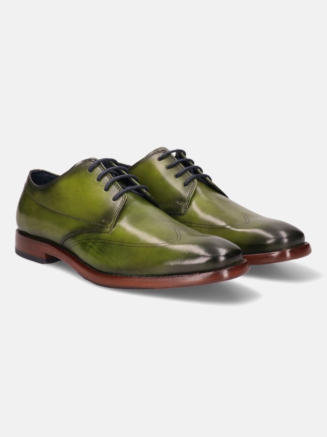 Green leather derby shoes by bugatti with a burnished finish and tonal laces.
