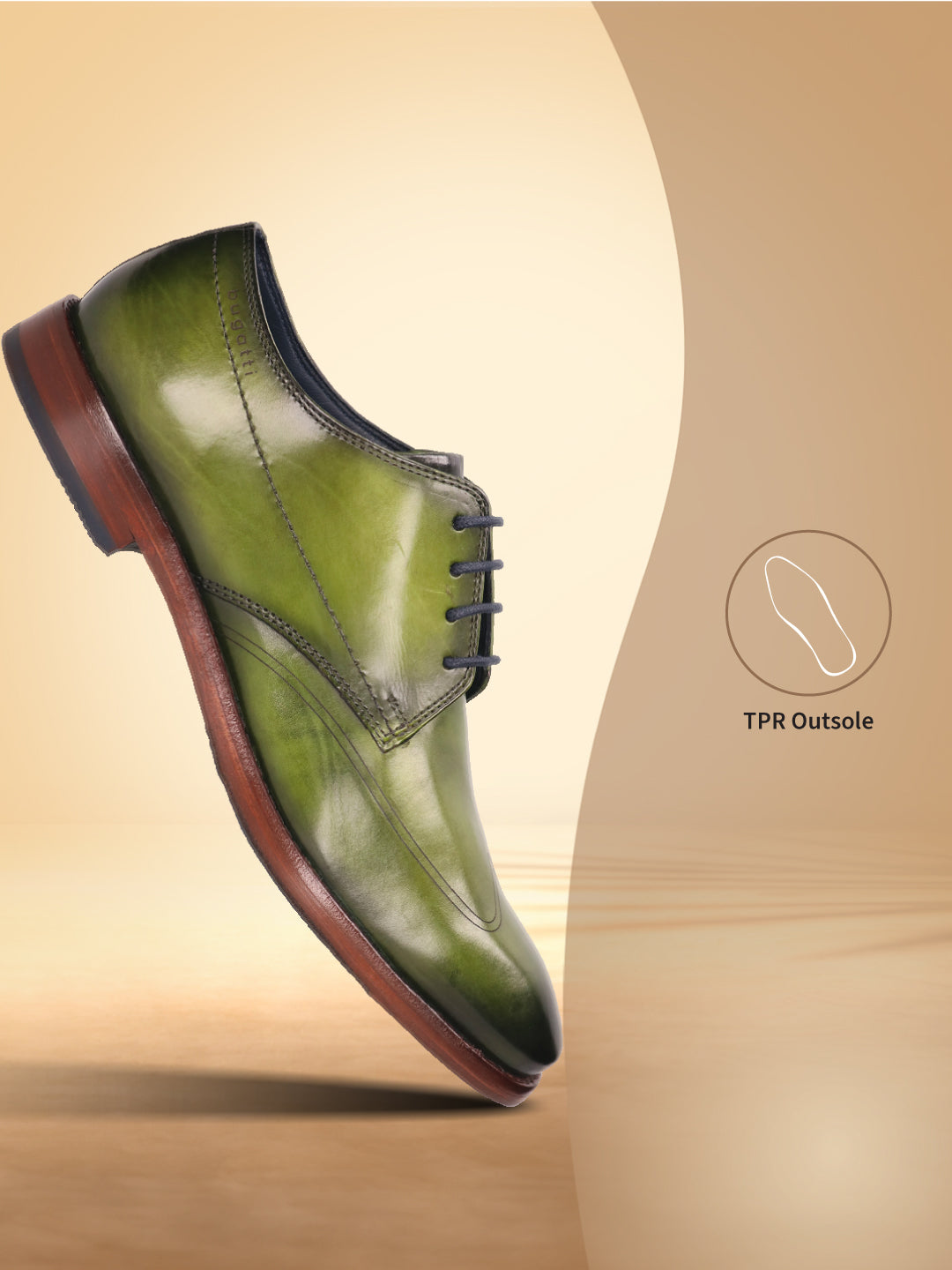 bugatti Mansaro green leather derby shoe with dark laces and a dark brown sole.
