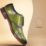bugatti Mansaro green leather derby shoe with dark laces and a dark brown sole.
