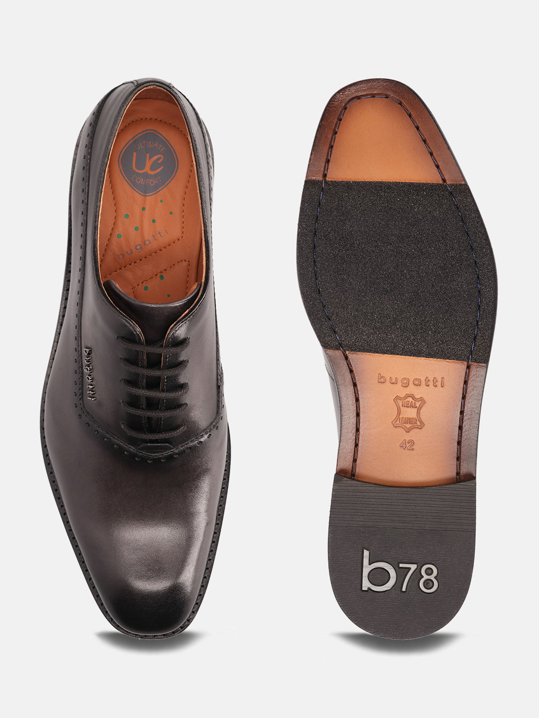 A grey Men's bugatti Oxford featuring a chisel toe plain toe, stacked heel. Made from premium genuine leather with a durable leather outsole, this laces design offers both style and comfort.