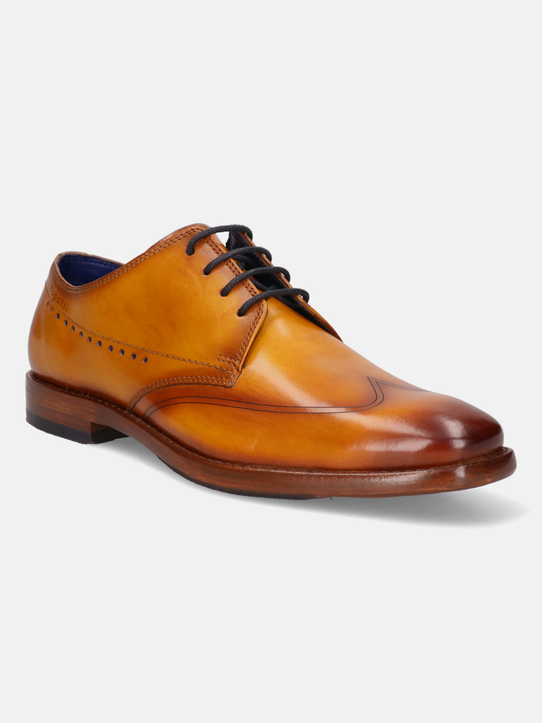 Yellow leather derby shoe by Bugatti, with black laces and a burnished toe.
