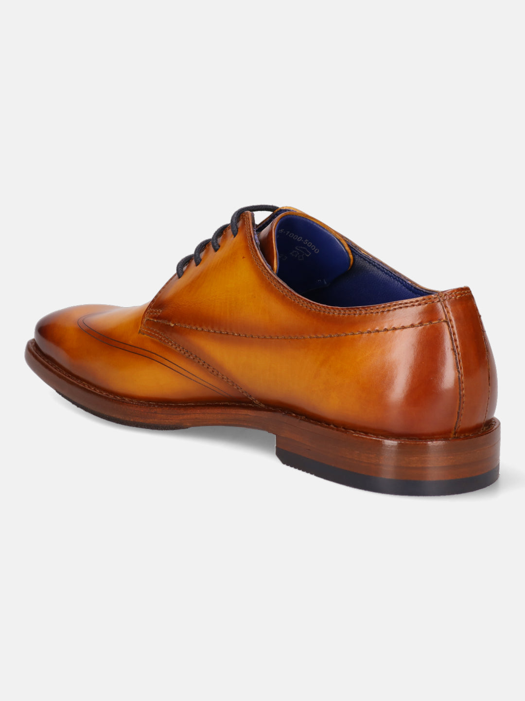 Yellow premium leather derby shoe by Bugatti, shown from a rear angle with dark laces and blue insole.
