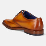 Yellow premium leather derby shoe by Bugatti, shown from a rear angle with dark laces and blue insole.