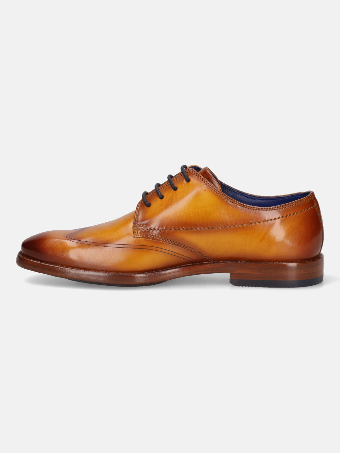 Yellow leather derby formal shoe by bugatti with dark navy laces and a visible blue insole.