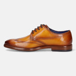 Yellow leather derby formal shoe by bugatti with dark navy laces and a visible blue insole.