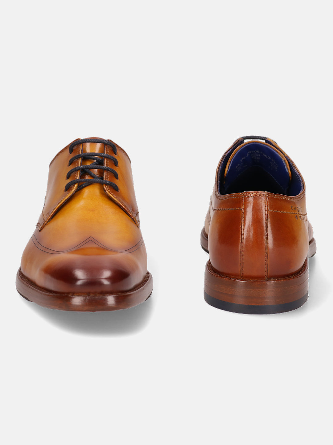 Tan leather dress shoes by bugatti with black laces, visible blue insole, and slight shadow.