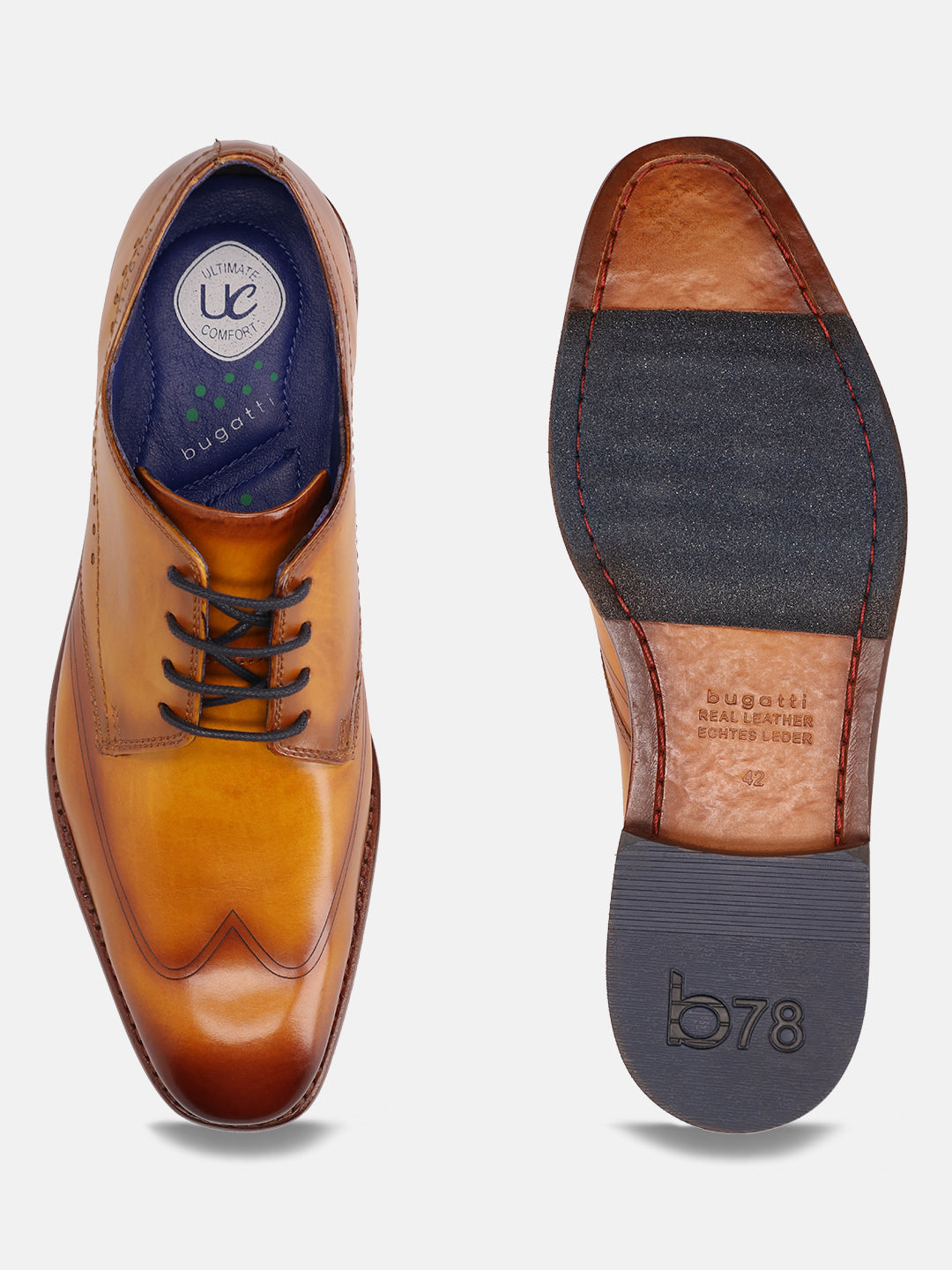 Yellow leather derby formal shoe by bugatti with decorative perforations, shown with a dark outsole.