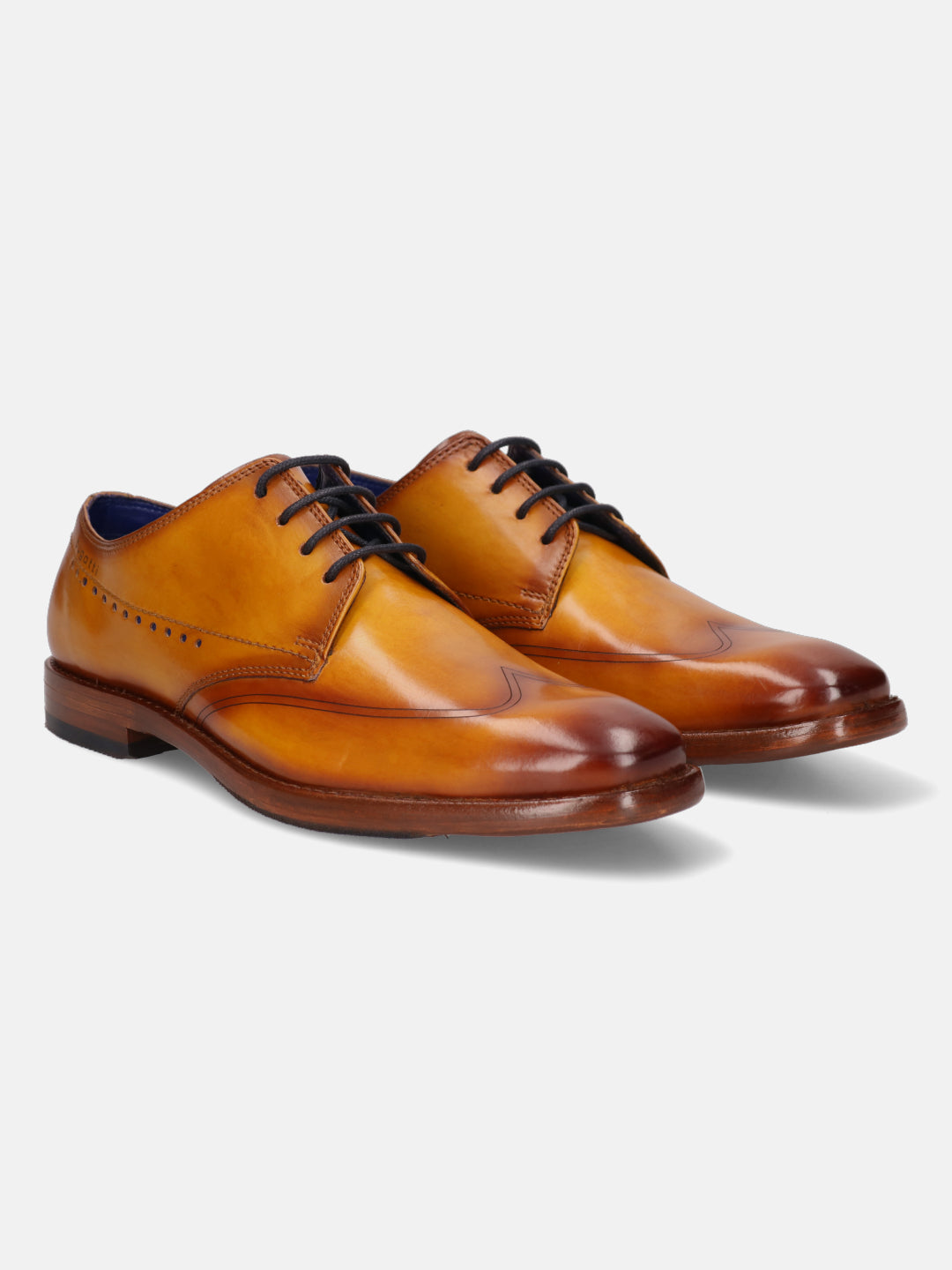 Yellow premium leather derby formal shoes by bugatti with black laces and a brown sole.