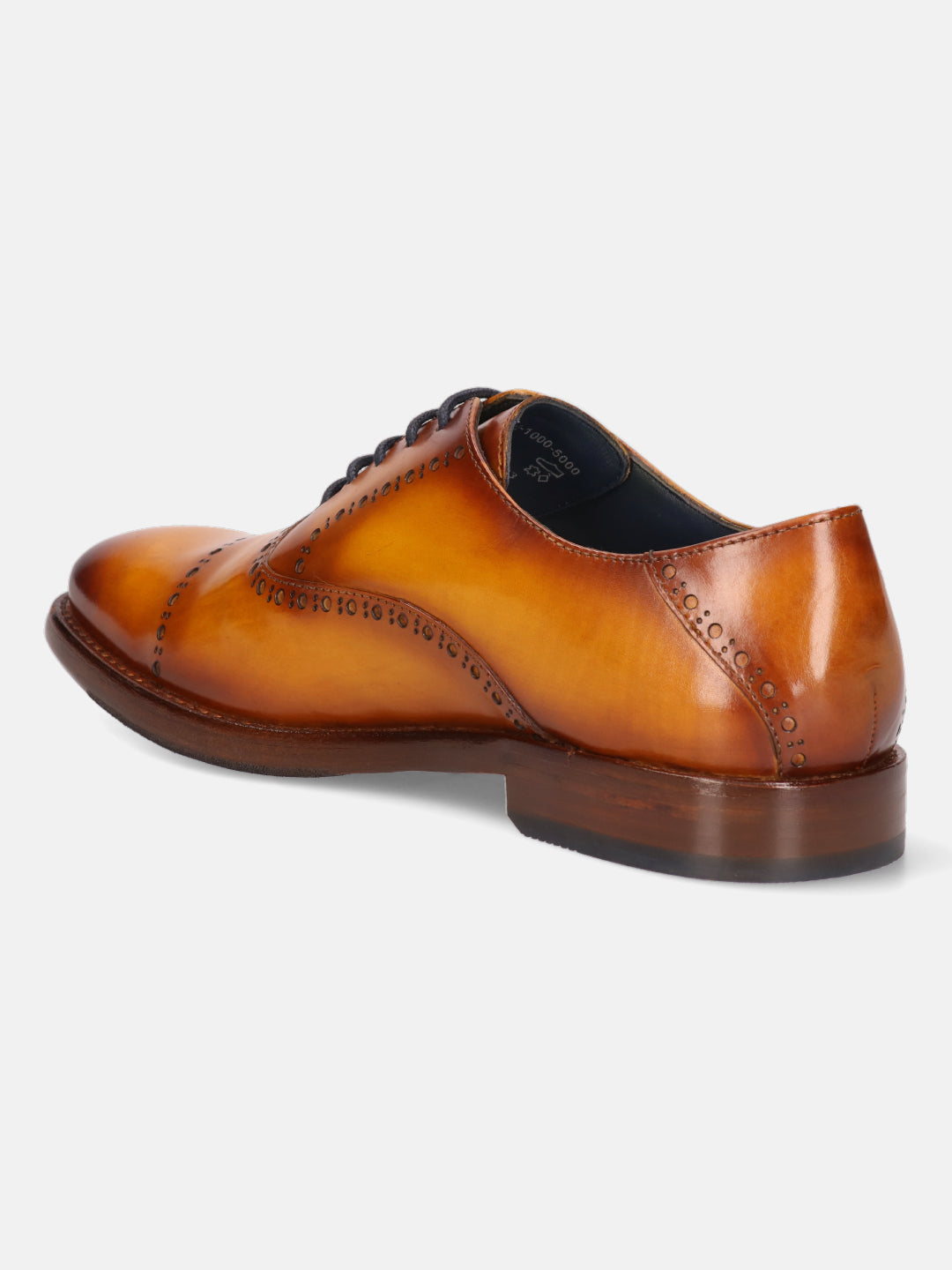 Yellow leather Oxford shoe by bugatti, featuring brogue detailing, and a stacked heel, shown in a back-side view.
