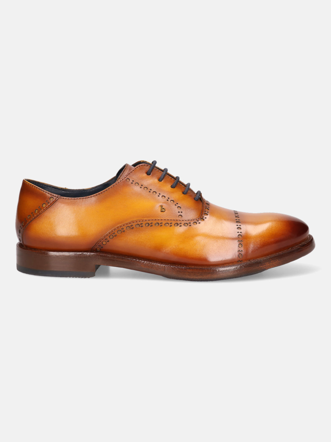 Yellow premium leather oxford shoes by bugatti, featuring brogue detailing and dark brown laces, in a side view.
