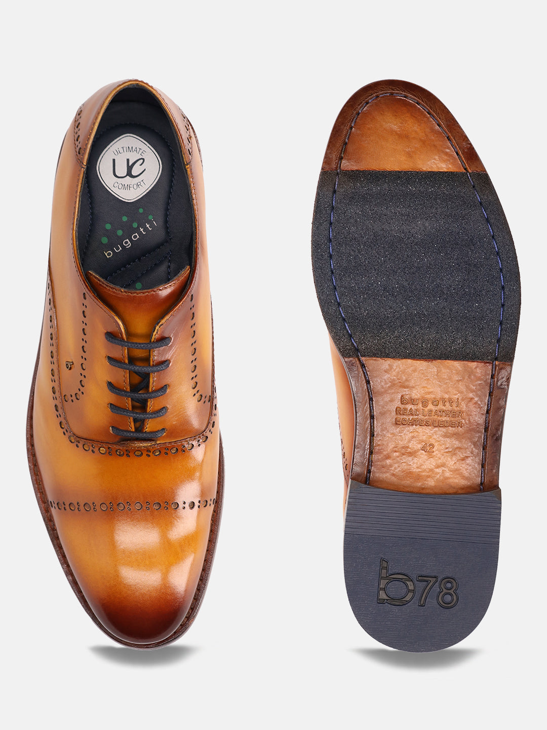 Yellow premium leather Oxford dress shoe by bugatti, showing decorative broguing and black laces, alongside view of the sole.
