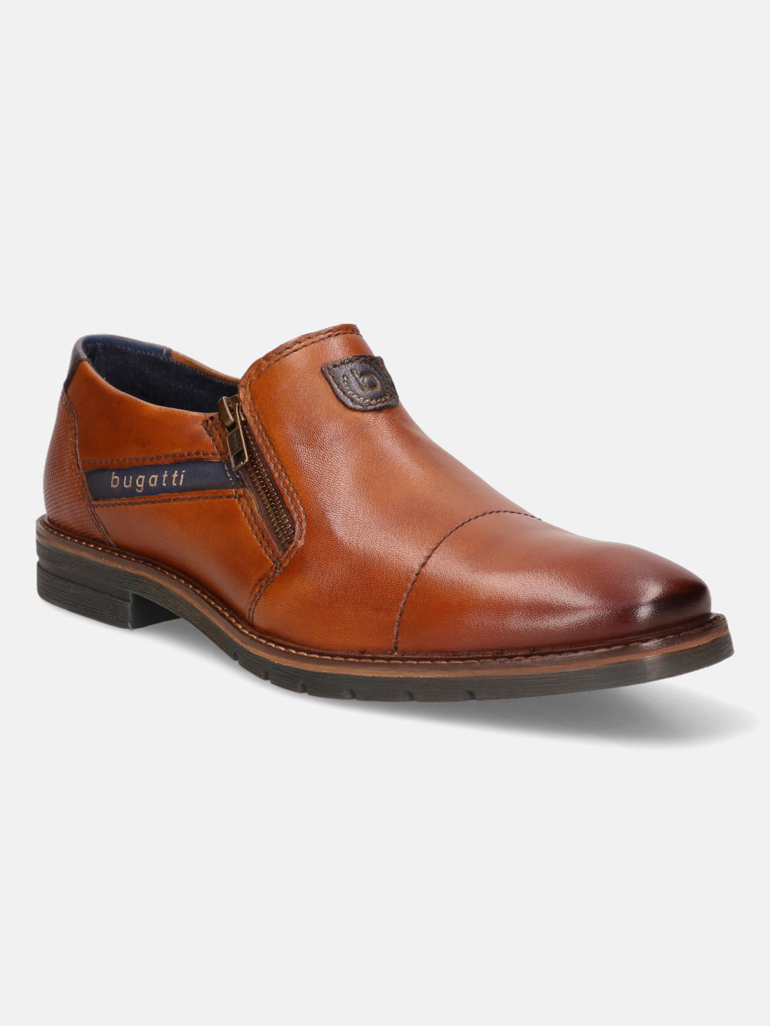 A cognac Men's bugatti Venetian Loafers featuring a round cap toe, moulded  heel, and a wide fit. Made from premium genuine leather with a durable tr outsole, this zipper design offers both style and comfort.
