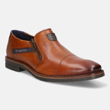 A cognac Men's bugatti Venetian Loafers featuring a round cap toe, moulded  heel, and a wide fit. Made from premium genuine leather with a durable tr outsole, this zipper design offers both style and comfort.