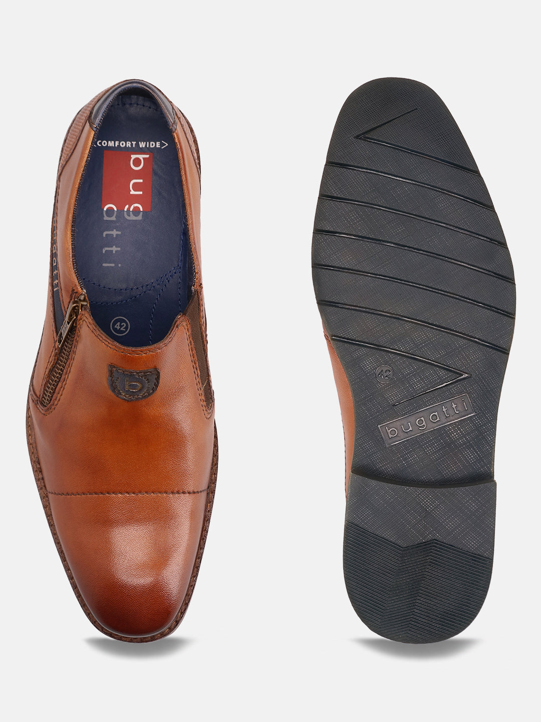 A cognac Men's bugatti Venetian Loafers featuring a round cap toe, moulded  heel, and a wide fit. Made from premium genuine leather with a durable tr outsole, this zipper design offers both style and comfort.