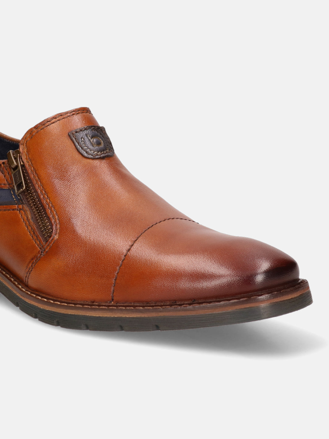 A cognac Men's bugatti Venetian Loafers featuring a round cap toe, moulded  heel, and a wide fit. Made from premium genuine leather with a durable tr outsole, this zipper design offers both style and comfort.
