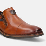 A cognac Men's bugatti Venetian Loafers featuring a round cap toe, moulded  heel, and a wide fit. Made from premium genuine leather with a durable tr outsole, this zipper design offers both style and comfort.