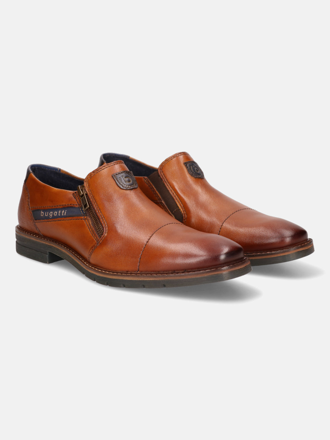 A cognac Men's bugatti Venetian Loafers featuring a round cap toe, moulded  heel, and a wide fit. Made from premium genuine leather with a durable tr outsole, this zipper design offers both style and comfort.