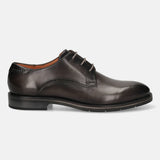 Men's Bugatti derby grey leather shoes with a round toe and plain toe featuring a stacked heel , a tpr outsole , and laces fastening.