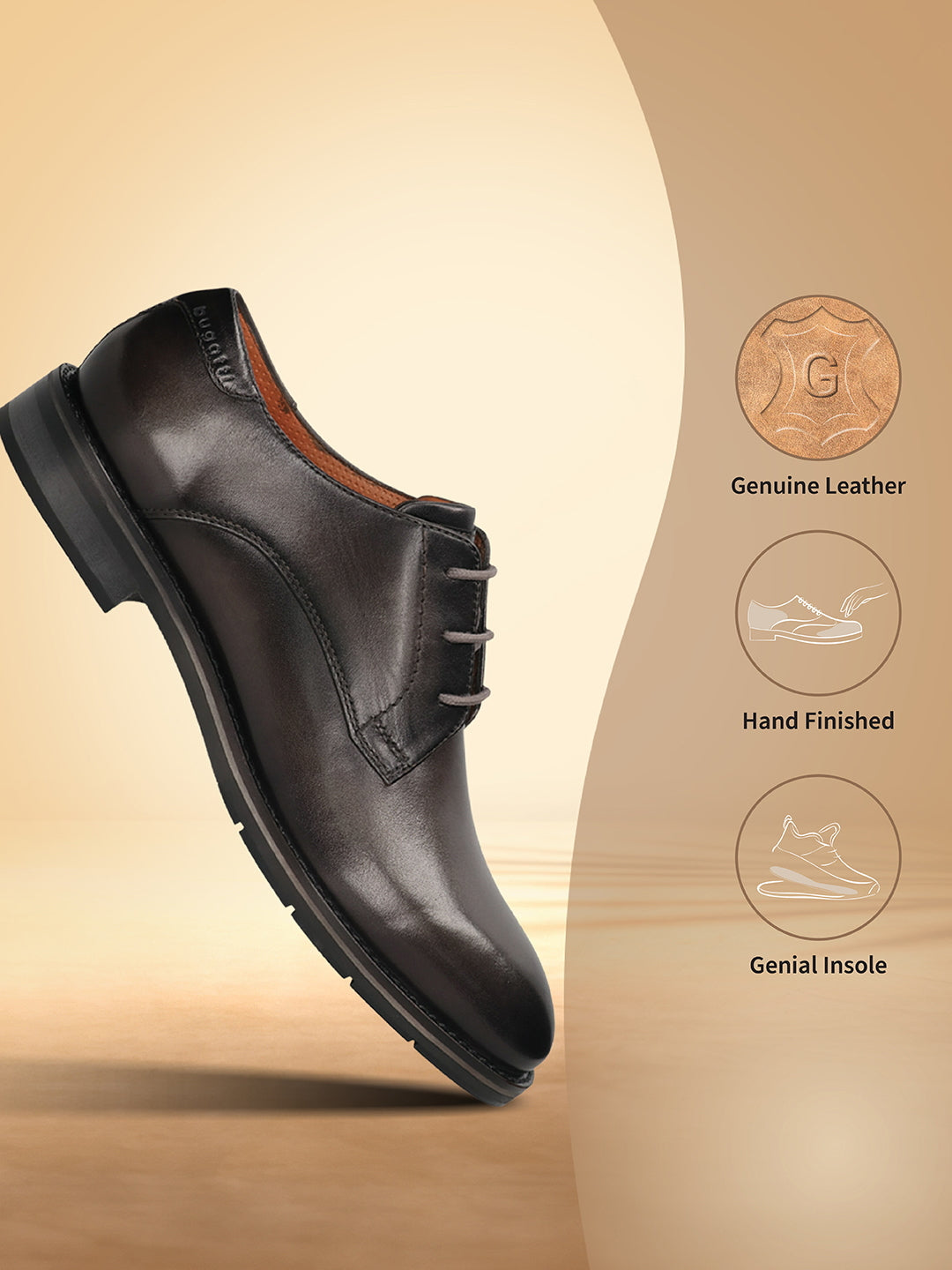 Men's Bugatti derby grey leather shoes with a round toe and plain toe featuring a stacked heel , a tpr outsole , and laces fastening.