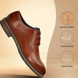 Men's Bugatti derby cognac leather shoes with a round toe and plain toe featuring a stacked heel , a tpr outsole , and laces fastening.