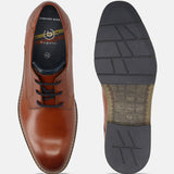 Men's Bugatti derby cognac leather shoes with a round toe and plain toe featuring a stacked heel , a tpr outsole , and laces fastening.