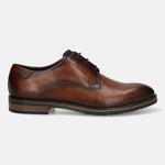 Men's Bugatti derby cognac leather shoes with a round toe and plain toe featuring a stacked heel , a tpr outsole , and laces fastening.