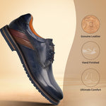 Men's Bugatti derby blue leather shoes with a round toe and plain toe featuring a stacked heel , a eva outsole , and laces fastening.