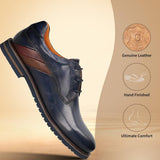 Men's Bugatti derby blue leather shoes with a round toe and plain toe featuring a stacked heel , a eva outsole , and laces fastening.