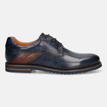 Men's Bugatti derby blue leather shoes with a round toe and plain toe featuring a stacked heel , a eva outsole , and laces fastening.
