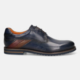 Men's Bugatti derby blue leather shoes with a round toe and plain toe featuring a stacked heel , a eva outsole , and laces fastening.