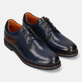 Men's Bugatti derby blue leather shoes with a round toe and plain toe featuring a stacked heel , a eva outsole , and laces fastening.
