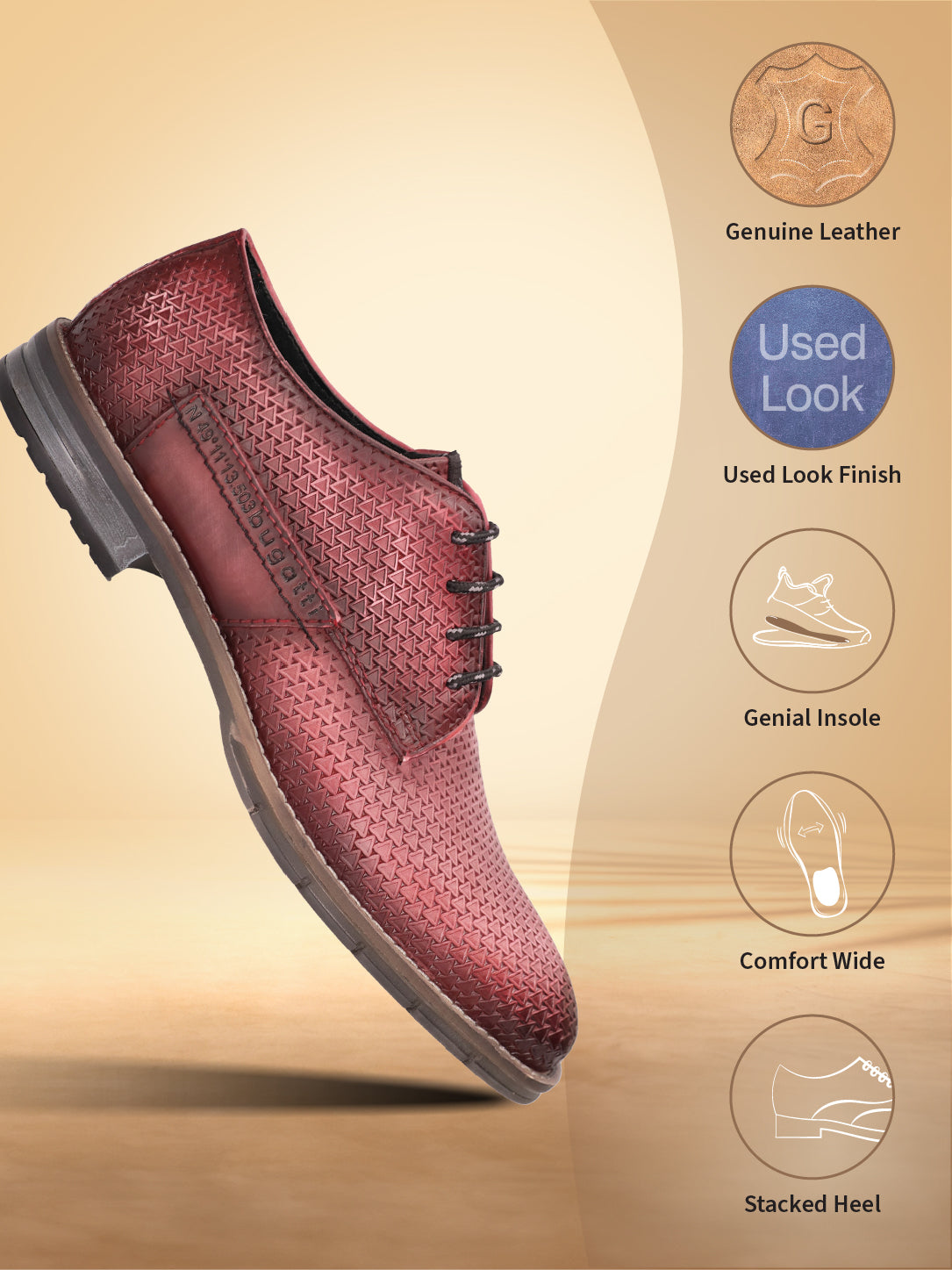 Red premium leather derby shoe by bugatti, featuring a geometric triangle pattern and a stacked heel.