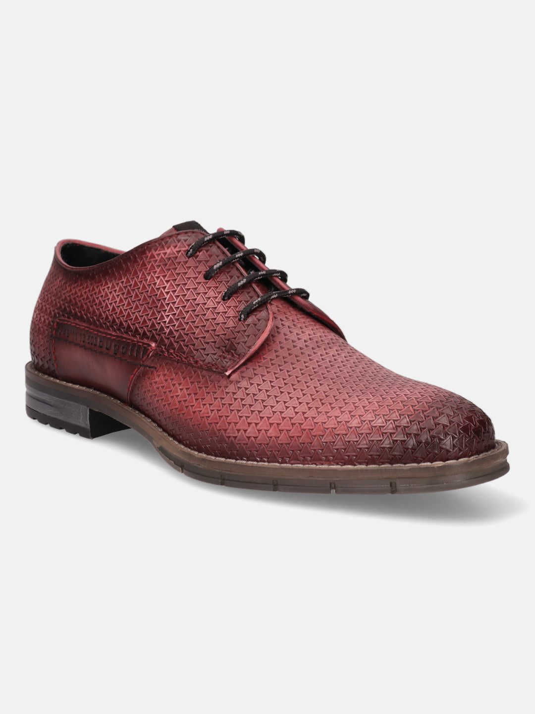 Red leather derby shoe by bugatti, featuring a triangle pattern and black laces.