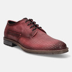 Red leather derby shoe by bugatti, featuring a triangle pattern and black laces.