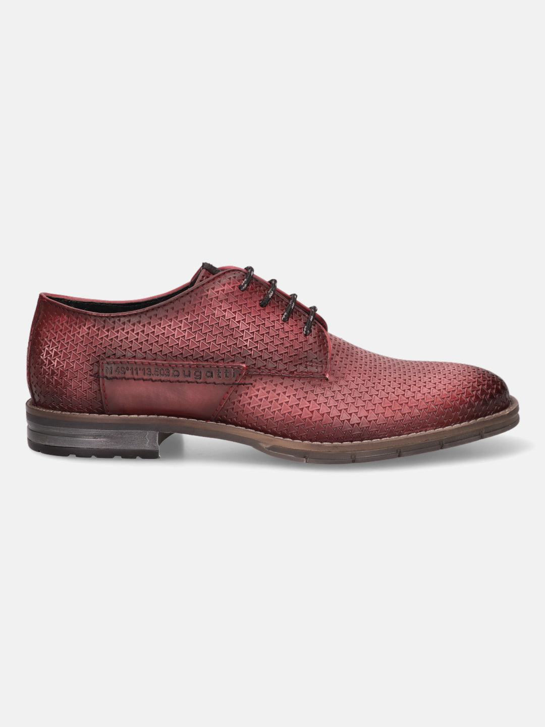 Red leather derby shoe by bugatti with triangle pattern and N 49° 11' 13.503 text detail.