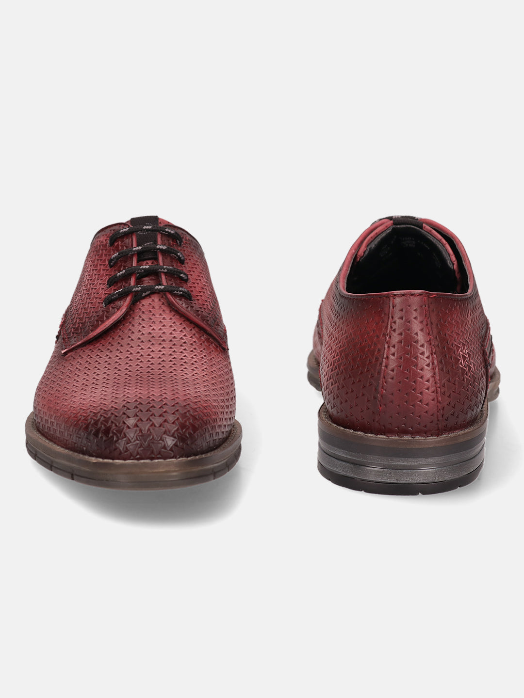 Red premium leather derby formal shoes by bugatti, textured with a subtle geometric pattern.