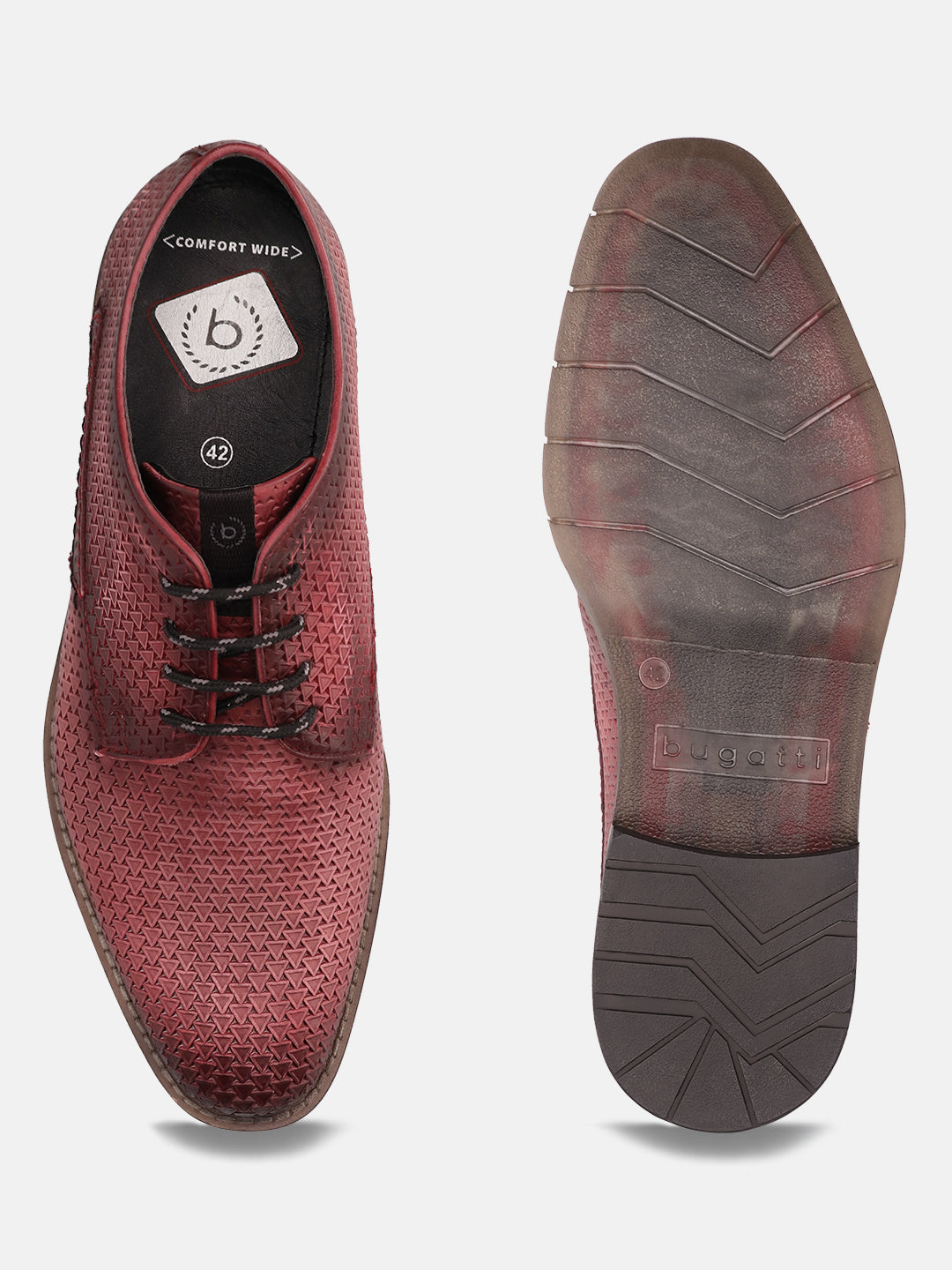 Red premium leather comfort derby formal shoes by bugatti, with a textured pattern and lace-up closure.