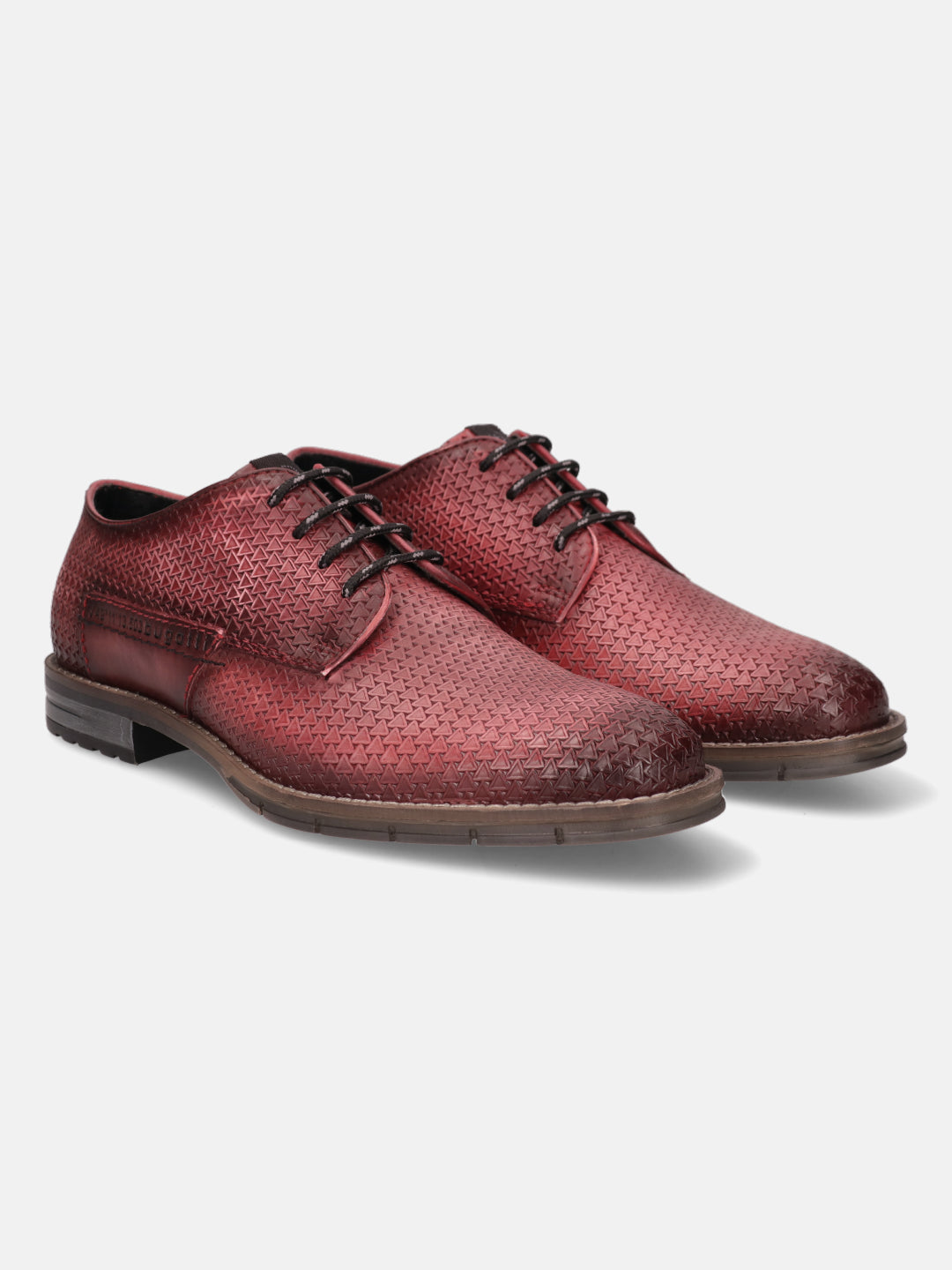 Red premium leather derby formal shoes by bugatti, with a geometric pattern and dark brown laces.