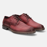 Red premium leather derby formal shoes by bugatti, with a geometric pattern and dark brown laces.