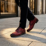 bugatti Ben Comfort Red Premium Leather Comfort Derby Formal shoes, with dark laces, paired with black dress pants.
