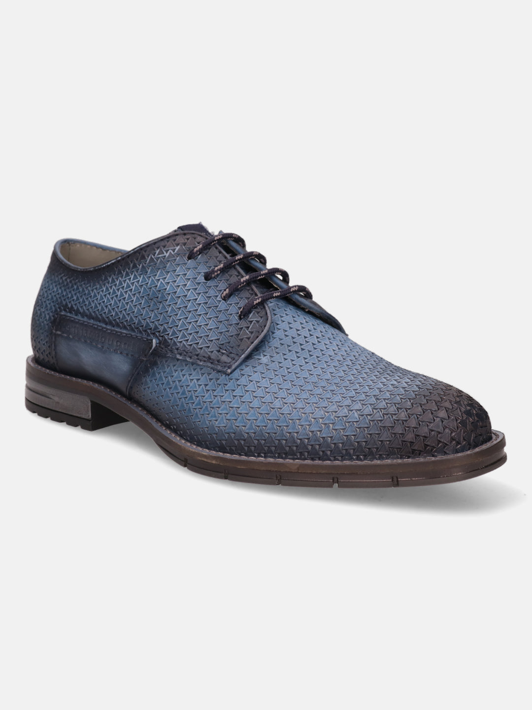 Blue leather derby shoe by bugatti, featuring a textured pattern and lace-up closure.