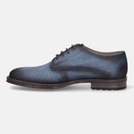 Blue premium leather derby shoes by bugatti featuring a patterned texture and brown laces, shown in a side view.