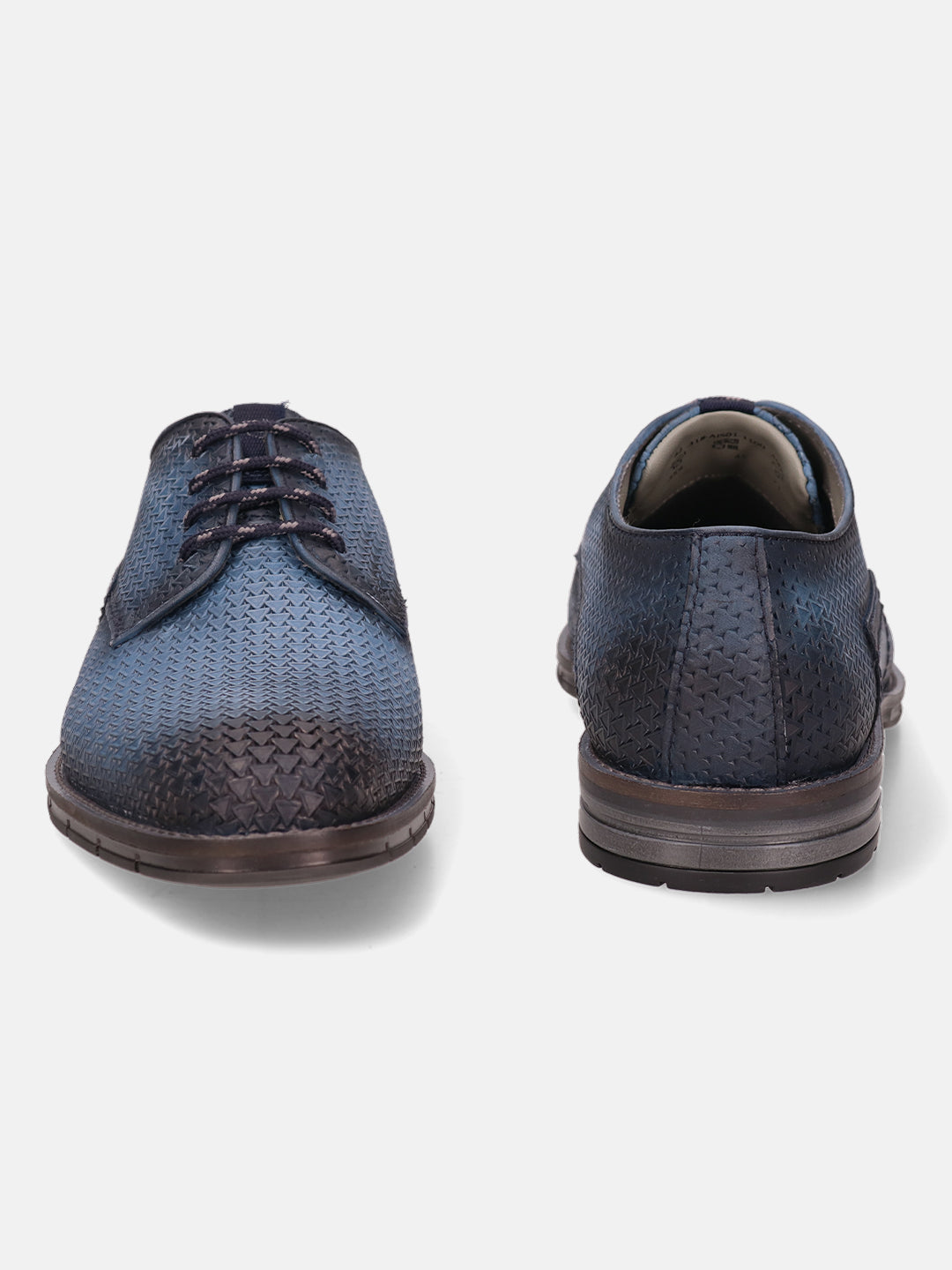 Blue leather dress shoes by bugatti with perforated pattern and dark brown sole.