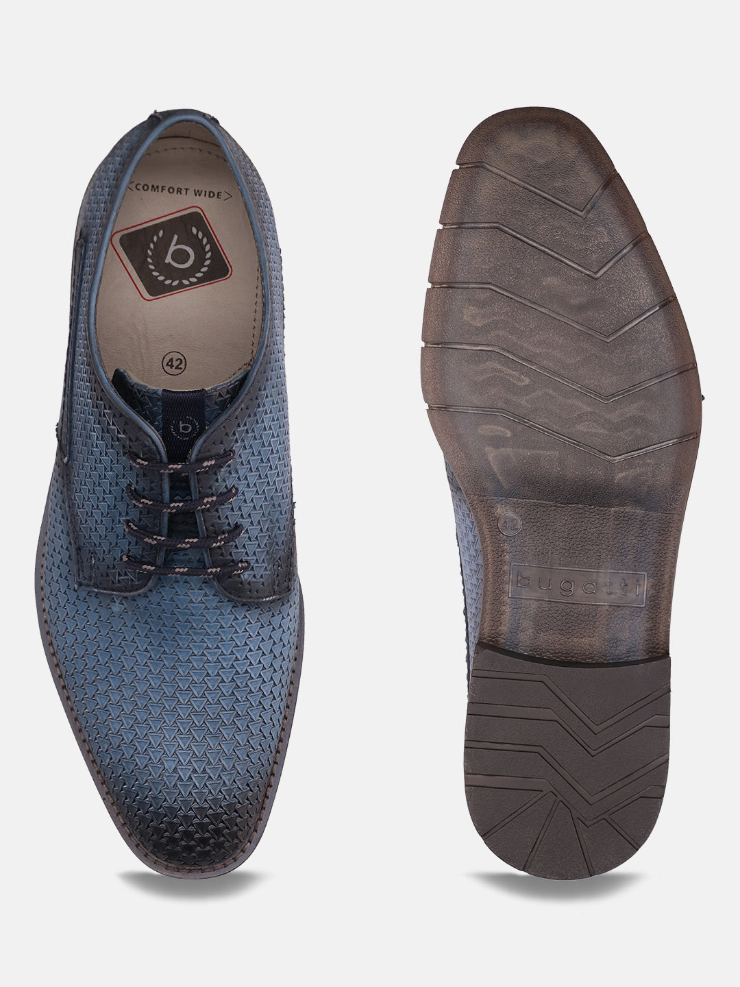Blue leather derby formal shoes by bugatti, featuring a textured surface, round toe, and lace-up closure.