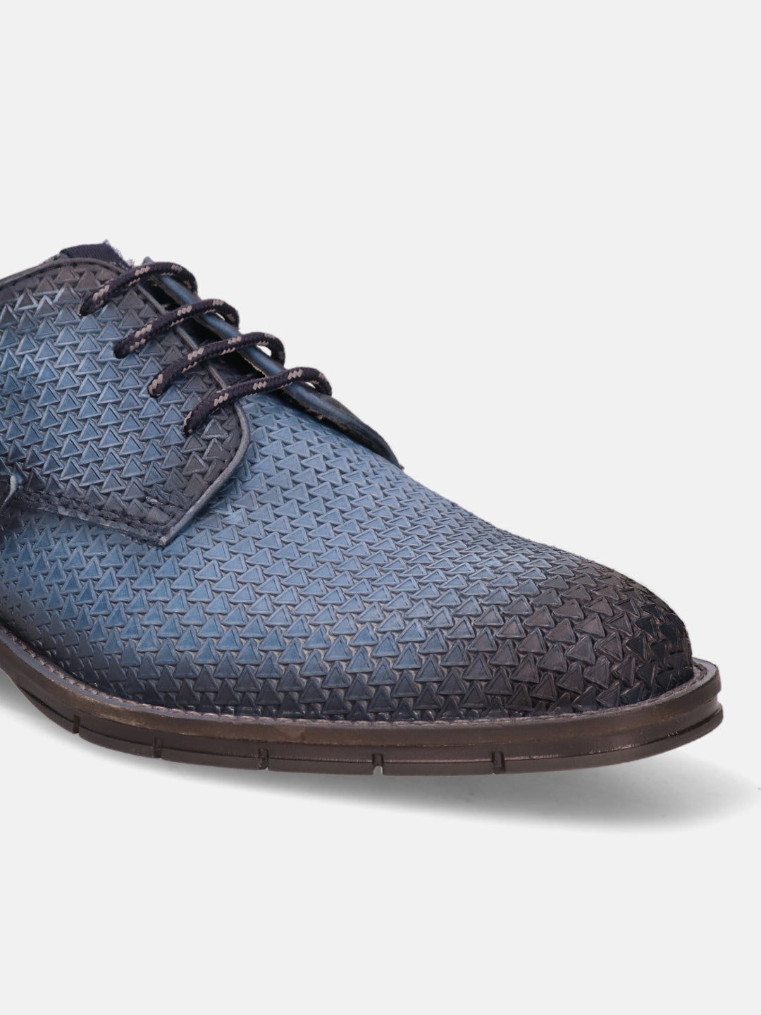 Blue premium leather derby formal shoe by Bugatti, featuring a textured triangle pattern and lace-up closure.