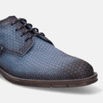 Blue premium leather derby formal shoe by Bugatti, featuring a textured triangle pattern and lace-up closure.